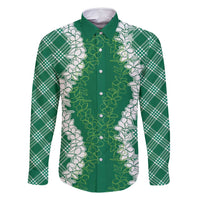 Hawaii Aloha Plumeria Lei Green Palaka Family Matching Off Shoulder Maxi Dress and Hawaiian Shirt - Polynesian Pride