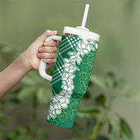 Hawaii Aloha Plumeria Lei Green Palaka Tumbler With Handle - Polynesian Pride
