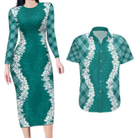 Hawaii Aloha Plumeria Lei Teal Palaka Couples Matching Long Sleeve Bodycon Dress and Hawaiian Shirt - Polynesian Pride