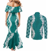 Hawaii Aloha Plumeria Lei Teal Palaka Couples Matching Mermaid Dress and Long Sleeve Button Shirt - Polynesian Pride