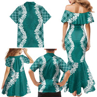 Hawaii Aloha Plumeria Lei Teal Palaka Family Matching Mermaid Dress and Hawaiian Shirt - Polynesian Pride