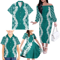 Hawaii Aloha Plumeria Lei Teal Palaka Family Matching Off The Shoulder Long Sleeve Dress and Hawaiian Shirt - Polynesian Pride