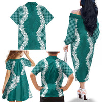 Hawaii Aloha Plumeria Lei Teal Palaka Family Matching Off The Shoulder Long Sleeve Dress and Hawaiian Shirt - Polynesian Pride