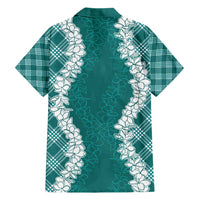 Hawaii Aloha Plumeria Lei Teal Palaka Family Matching Short Sleeve Bodycon Dress and Hawaiian Shirt - Polynesian Pride