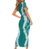 Hawaii Aloha Plumeria Lei Teal Palaka Family Matching Short Sleeve Bodycon Dress and Hawaiian Shirt - Polynesian Pride