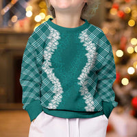 Hawaii Aloha Plumeria Lei Teal Palaka Kid Ugly Christmas Sweater - Polynesian Pride