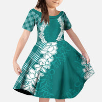 Hawaii Aloha Plumeria Lei Teal Palaka Kid Short Sleeve Dress - Polynesian Pride