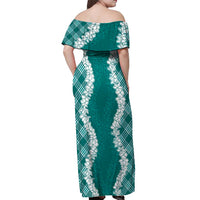 Hawaii Aloha Plumeria Lei Teal Palaka Off Shoulder Maxi Dress - Polynesian Pride