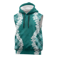 Hawaii Aloha Plumeria Lei Teal Palaka Sleeveless Hoodie - Polynesian Pride
