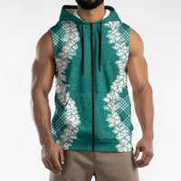Hawaii Aloha Plumeria Lei Teal Palaka Sleeveless Zip Hoodie - Polynesian Pride