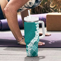 Hawaii Aloha Plumeria Lei Teal Palaka Tumbler With Handle - Polynesian Pride