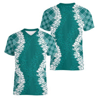Hawaii Aloha Plumeria Lei Teal Palaka Women V-Neck T-Shirt - Polynesian Pride