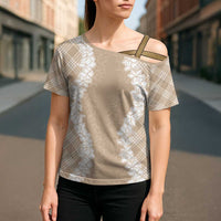 Hawaii Aloha Plumeria Lei Beige Palaka Cross Shoulder Shirt - Polynesian Pride