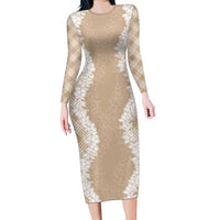 Hawaii Aloha Plumeria Lei Beige Palaka Family Matching Long Sleeve Bodycon Dress and Hawaiian Shirt - Polynesian Pride