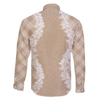 Hawaii Aloha Plumeria Lei Beige Palaka Family Matching Off The Shoulder Long Sleeve Dress and Hawaiian Shirt - Polynesian Pride