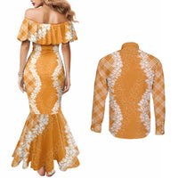 Hawaii Aloha Plumeria Lei Orange Palaka Couples Matching Mermaid Dress and Long Sleeve Button Shirt - Polynesian Pride