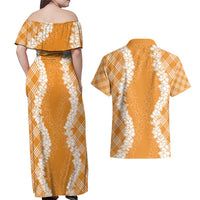 Hawaii Aloha Plumeria Lei Orange Palaka Couples Matching Off Shoulder Maxi Dress and Hawaiian Shirt - Polynesian Pride