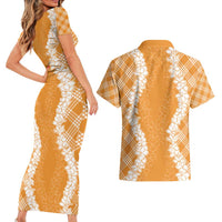 Hawaii Aloha Plumeria Lei Orange Palaka Couples Matching Short Sleeve Bodycon Dress and Hawaiian Shirt - Polynesian Pride