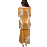 Hawaii Aloha Plumeria Lei Orange Palaka Family Matching Puletasi and Hawaiian Shirt - Polynesian Pride