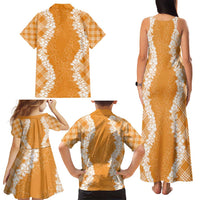Hawaii Aloha Plumeria Lei Orange Palaka Family Matching Tank Maxi Dress and Hawaiian Shirt - Polynesian Pride