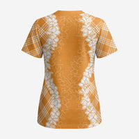 Hawaii Aloha Plumeria Lei Orange Palaka Scrub Top - Polynesian Pride