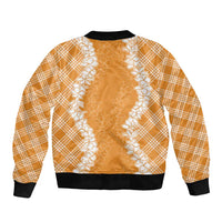 Hawaii Aloha Plumeria Lei Orange Palaka Sleeve Zip Bomber Jacket - Polynesian Pride