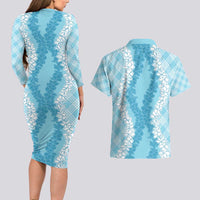 Hawaii Aloha Plumeria Lei Turquoise Palaka Couples Matching Long Sleeve Bodycon Dress and Hawaiian Shirt - Polynesian Pride