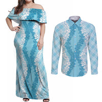 Hawaii Aloha Plumeria Lei Turquoise Palaka Couples Matching Off Shoulder Maxi Dress and Long Sleeve Button Shirt - Polynesian Pride