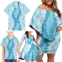 Hawaii Aloha Plumeria Lei Turquoise Palaka Family Matching Off Shoulder Short Dress and Hawaiian Shirt - Polynesian Pride