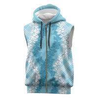 Hawaii Aloha Plumeria Lei Turquoise Palaka Sleeveless Zip Hoodie - Polynesian Pride