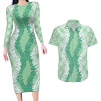 Hawaii Aloha Plumeria Lei Mint Palaka Couples Matching Long Sleeve Bodycon Dress and Hawaiian Shirt - Polynesian Pride
