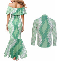 Hawaii Aloha Plumeria Lei Mint Palaka Couples Matching Mermaid Dress and Long Sleeve Button Shirt - Polynesian Pride
