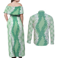 Hawaii Aloha Plumeria Lei Mint Palaka Couples Matching Off Shoulder Maxi Dress and Long Sleeve Button Shirt - Polynesian Pride