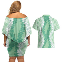 Hawaii Aloha Plumeria Lei Mint Palaka Couples Matching Off Shoulder Short Dress and Hawaiian Shirt - Polynesian Pride