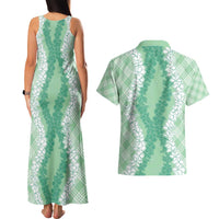 Hawaii Aloha Plumeria Lei Mint Palaka Couples Matching Tank Maxi Dress and Hawaiian Shirt - Polynesian Pride