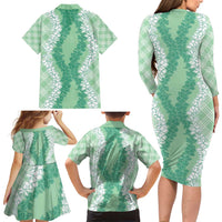 Hawaii Aloha Plumeria Lei Mint Palaka Family Matching Long Sleeve Bodycon Dress and Hawaiian Shirt - Polynesian Pride