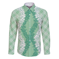 Hawaii Aloha Plumeria Lei Mint Palaka Family Matching Long Sleeve Bodycon Dress and Hawaiian Shirt - Polynesian Pride