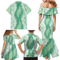 Hawaii Aloha Plumeria Lei Mint Palaka Family Matching Mermaid Dress and Hawaiian Shirt - Polynesian Pride
