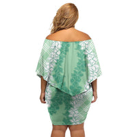 Hawaii Aloha Plumeria Lei Mint Palaka Family Matching Off Shoulder Short Dress and Hawaiian Shirt - Polynesian Pride