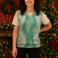 Hawaii Aloha Plumeria Lei Mint Palaka Christmas Knitted V-Neck Vest - Polynesian Pride