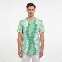 Hawaii Aloha Plumeria Lei Mint Palaka Scrub Top - Polynesian Pride
