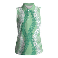 Hawaii Aloha Plumeria Lei Mint Palaka Women Sleeveless Polo Shirt - Polynesian Pride