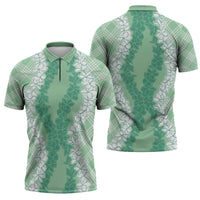 Hawaii Aloha Plumeria Lei Mint Palaka Zipper Polo Shirt - Polynesian Pride