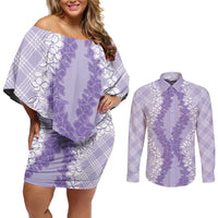 Hawaii Aloha Plumeria Lei Lavender Palaka Couples Matching Off Shoulder Short Dress and Long Sleeve Button Shirt - Polynesian Pride
