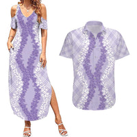 Hawaii Aloha Plumeria Lei Lavender Palaka Couples Matching Summer Maxi Dress and Hawaiian Shirt - Polynesian Pride