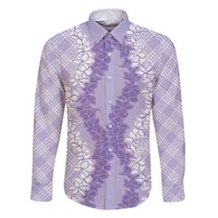 Hawaii Aloha Plumeria Lei Lavender Palaka Family Matching Long Sleeve Bodycon Dress and Hawaiian Shirt - Polynesian Pride