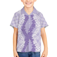 Hawaii Aloha Plumeria Lei Lavender Palaka Family Matching Off The Shoulder Long Sleeve Dress and Hawaiian Shirt - Polynesian Pride
