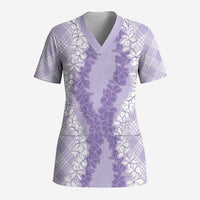 Hawaii Aloha Plumeria Lei Lavender Palaka Scrub Top - Polynesian Pride