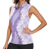 Hawaii Aloha Plumeria Lei Lavender Palaka Women Sleeveless Polo Shirt - Polynesian Pride