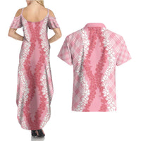 Hawaii Aloha Plumeria Lei Pink Palaka Couples Matching Summer Maxi Dress and Hawaiian Shirt - Polynesian Pride